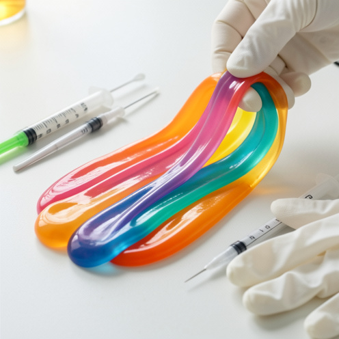 Pâte intelligente colorée et translucide étirée sur une surface de laboratoire, entourée d’outils de mesure et de gants de protection.