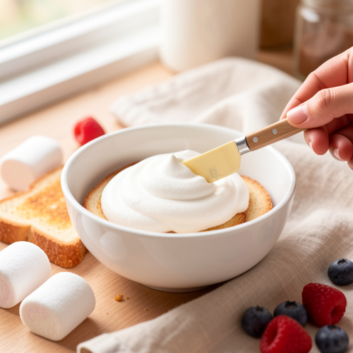 Pâte de marshmallow blanche étalée généreusement sur une tranche de pain grillé, entourée de guimauves et de fruits rouges.