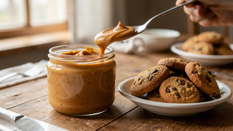 Pot de pâte à tartiner onctueuse au spéculoos accompagné de biscuits épicés et d’une cuillère.