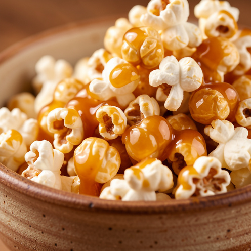 Bol de popcorn fraîchement éclaté, généreusement enrobé de caramel doré et brillant.