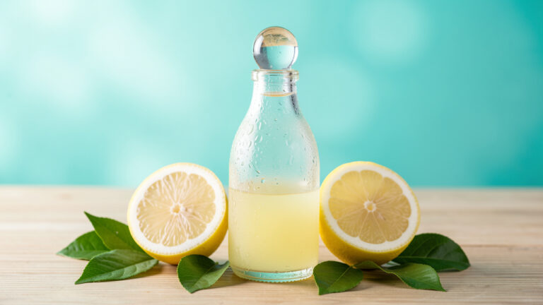 Bouteille de ramune japonaise fraîche avec sa bille de verre, entourée de tranches de citron et de feuilles vertes.
