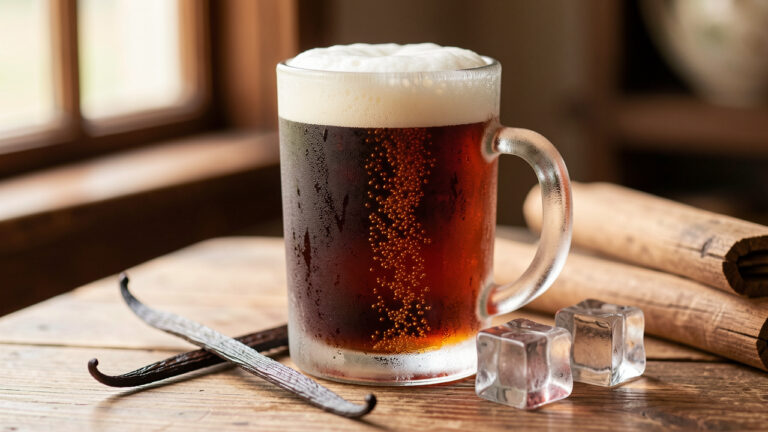 Verre givré de root beer américaine ambrée et mousseuse, accompagné d’une gousse de vanille et de glaçons sur une table en bois.