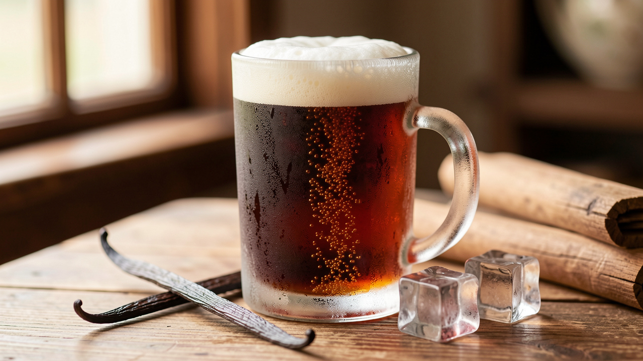 Verre givré de root beer américaine ambrée et mousseuse, accompagné d’une gousse de vanille et de glaçons sur une table en bois.