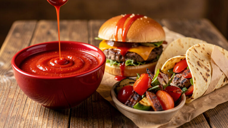 Sauce piquante rouge servie avec un burger, des tacos et des légumes marinés grillés.