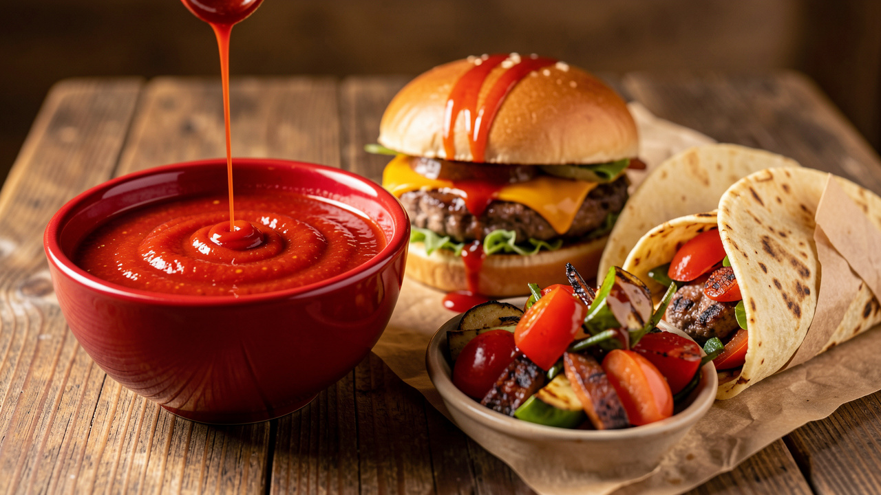 Sauce piquante rouge servie avec un burger, des tacos et des légumes marinés grillés.