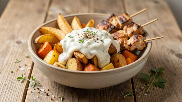 Sauce ranch crémeuse servie avec des légumes rôtis, des quartiers de pommes de terre croustillants et des brochettes de poulet grillé.