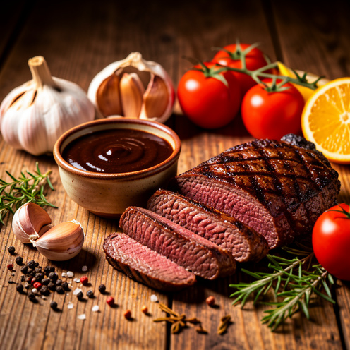 Steak grillé accompagné d’une sauce brune dans un petit bol, entouré d’ail rôti, de poivre noir, d’herbes et d’épices.