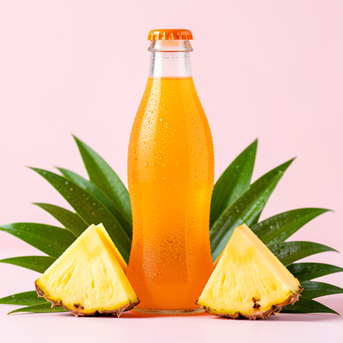 Bouteille de boisson gazeuse orange rafraîchissante entourée de morceaux d’ananas et de feuilles vertes.