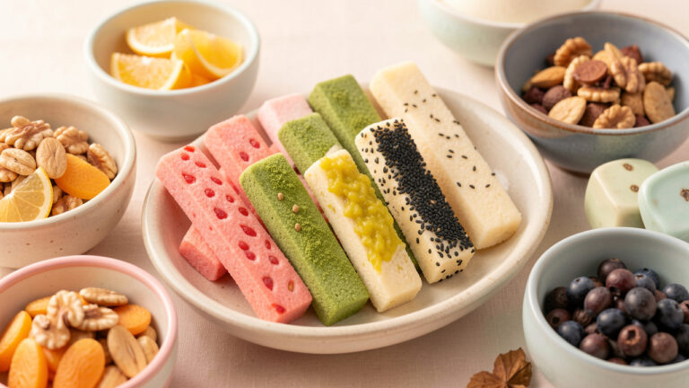 Assortiment de bâtonnets de biscuits japonais enrobés de matcha, fraise, yuzu, sésame noir et vanille, présenté avec les ingrédients correspondants.