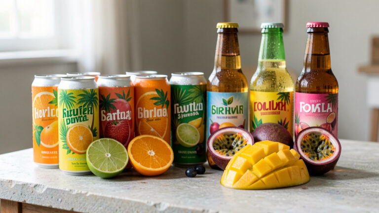 Assortiment coloré de boissons gazeuses aux saveurs tropicales, entourées de tranches de citron vert, d’orange, de mangue et de fruit de la passion.