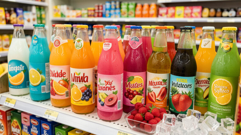 Assortiment de bouteilles de sodas aux saveurs fruitées importées, présenté dans une épicerie du monde avec des agrumes, des fruits rouges et des fruits tropicaux.