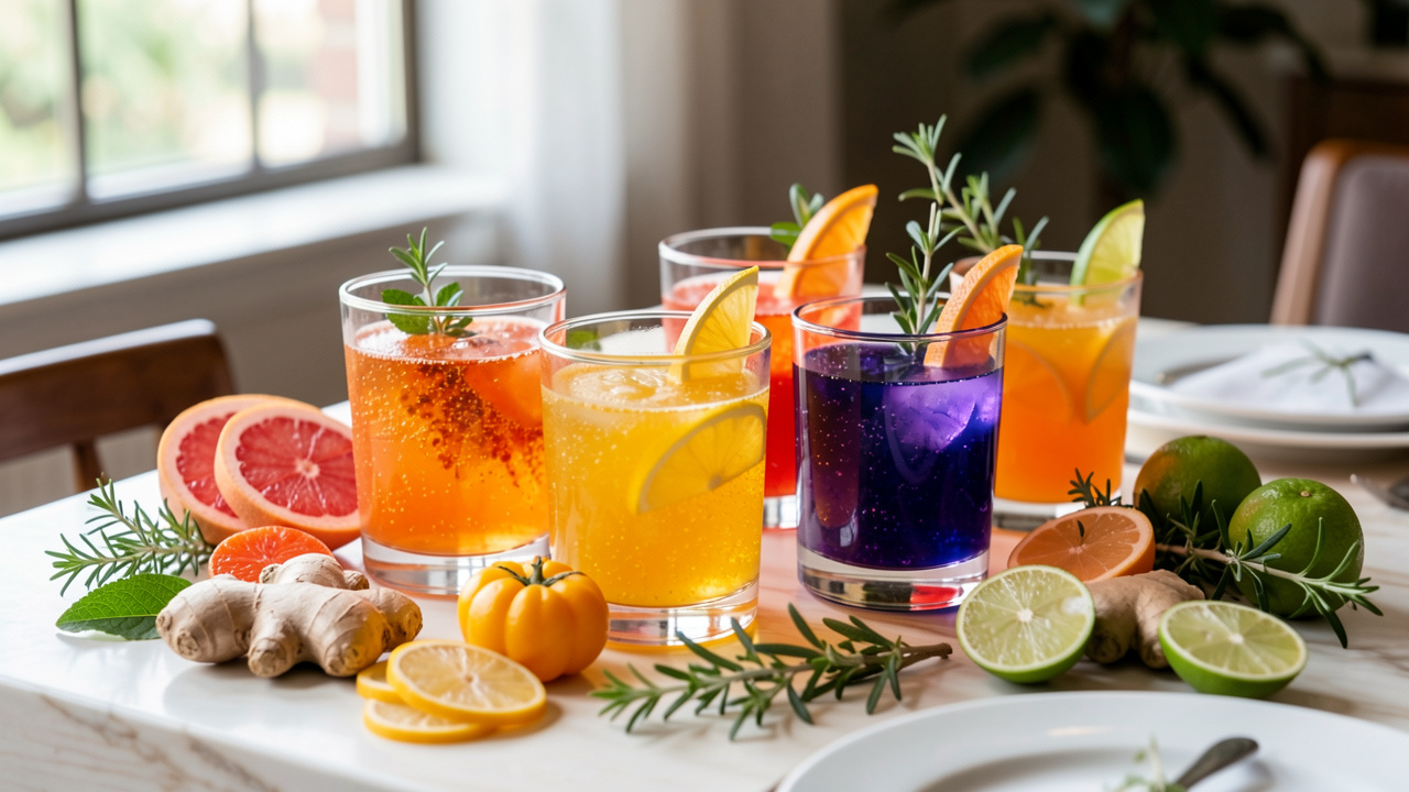 Assortiment élégant de boissons pétillantes colorées accompagné d’agrumes, de gingembre et d’herbes aromatiques sur une table d’apéritif.