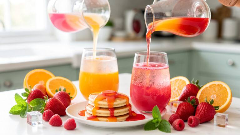 Boissons fruitées colorées et mini crêpes agrémentées de sirops, entourées de fruits frais, de menthe et de glaçons.