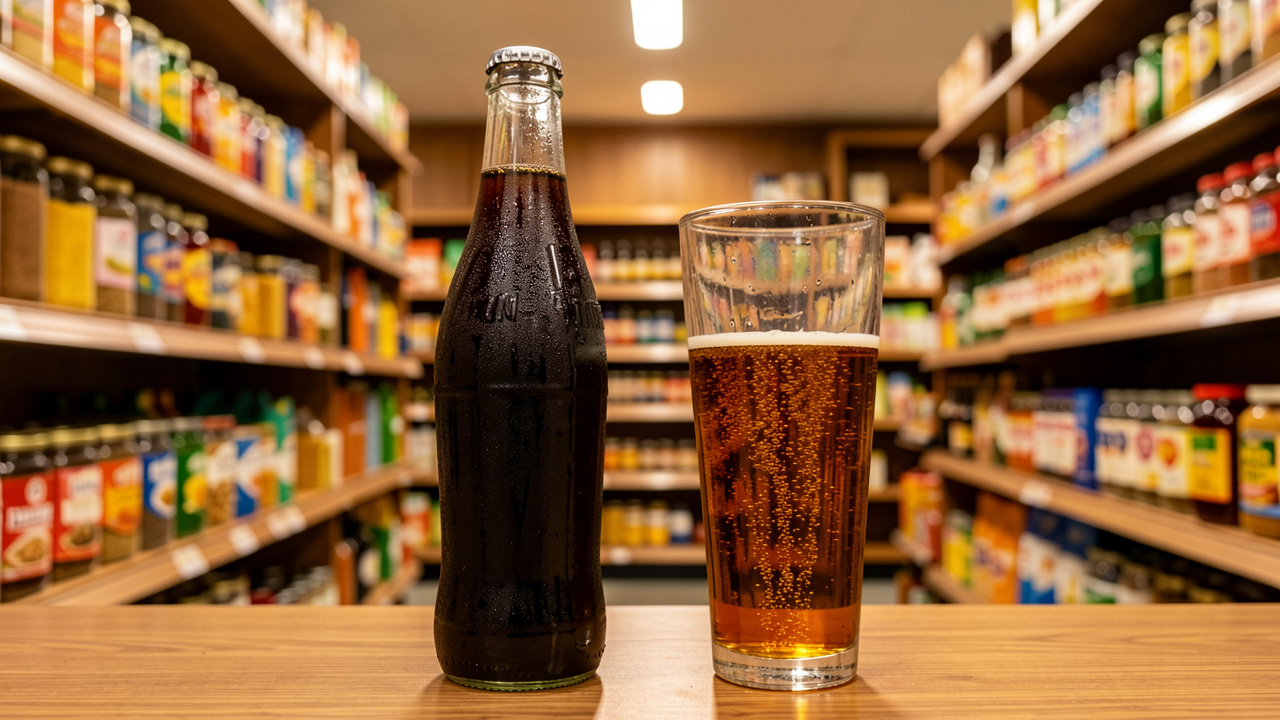 Bouteille en verre de soda cola foncé et verre rempli, posés dans une épicerie du monde aux étagères colorées.