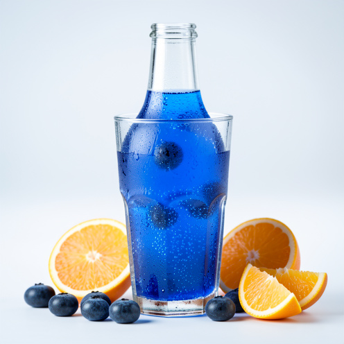 Une boisson gazeuse bleu vif au goût de myrtille, servie dans une bouteille et un verre entourés de myrtilles fraîches et de quartiers d’agrumes.