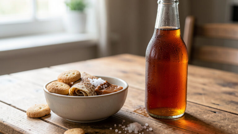 Bouteille de soda ambré accompagnée de biscuits bretons, de crêpes au sarrasin et de caramel au beurre salé sur une table en bois.