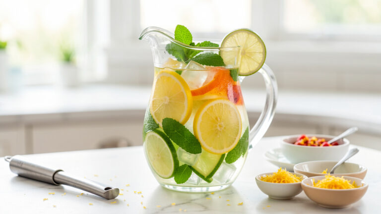Carafe de soda citron-citron vert entourée de quartiers de citron et de citron vert, de menthe fraîche, de glaçons et d’ingrédients pour cocktails sur un plan de travail de cuisine.