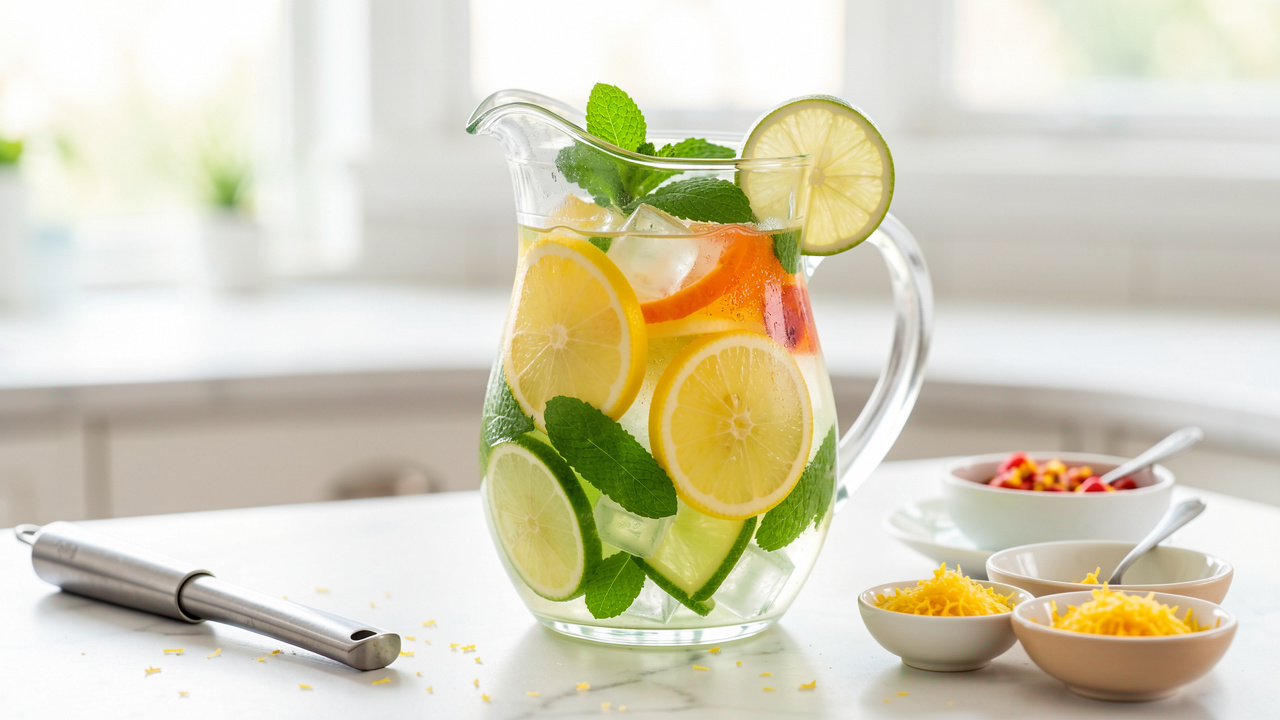 Carafe de soda citron-citron vert entourée de quartiers de citron et de citron vert, de menthe fraîche, de glaçons et d’ingrédients pour cocktails sur un plan de travail de cuisine.
