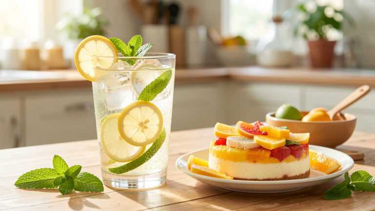 Verre de soda pétillant au citron avec glaçons, quartiers de citron et menthe, accompagné d’un dessert aux agrumes et d’ingrédients de cuisine.