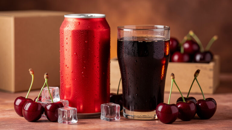 Canette rouge de soda à la cerise accompagnée d’un verre de cola glacé, de glaçons et de cerises fraîches.