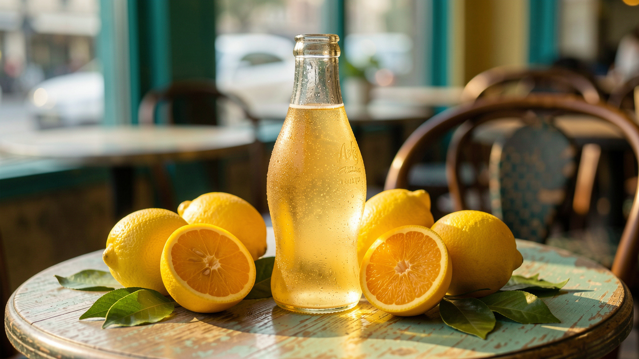 Bouteille rétro de soda français aux agrumes, entourée de citrons, de tranches d’orange et de feuilles vertes sur une table de café.