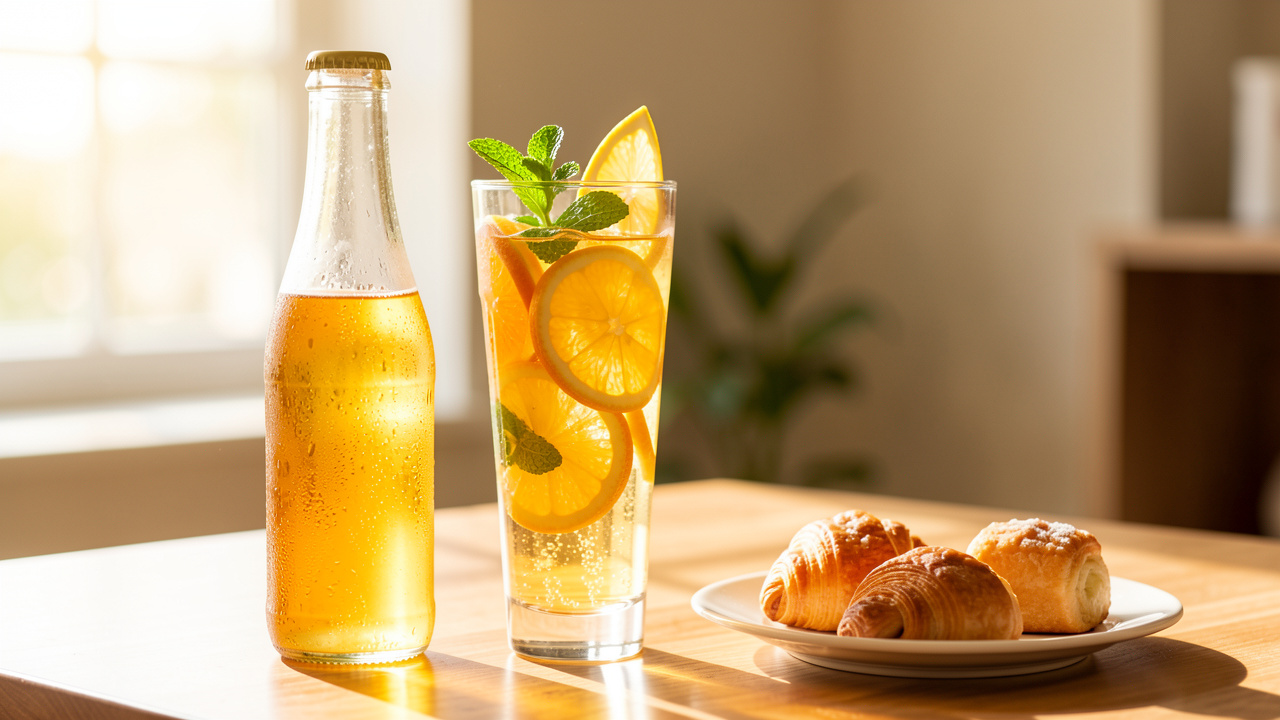 Bouteille sans étiquette et verre de soda pétillant aux agrumes entourés de quartiers d’orange et de citron, de menthe fraîche et de petites pâtisseries.