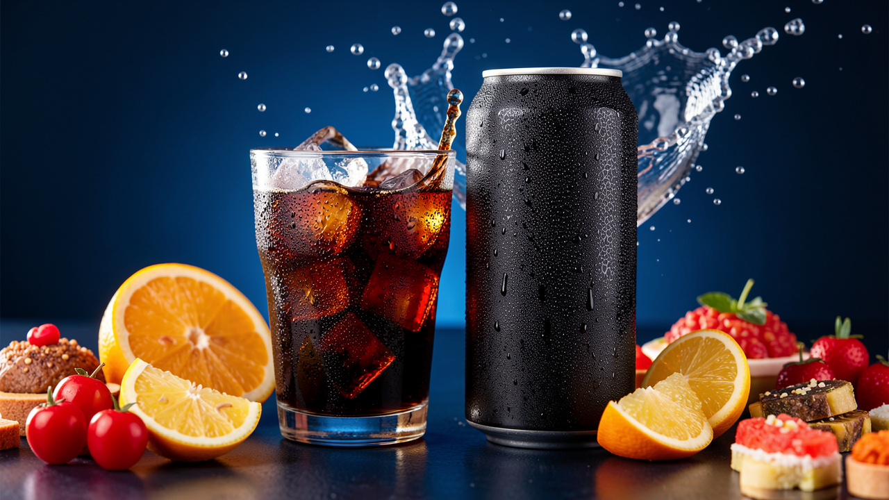 Canette sombre de soda sans sucre accompagnée d’un verre rempli de glaçons, de quartiers d’agrumes et de petites gourmandises colorées.