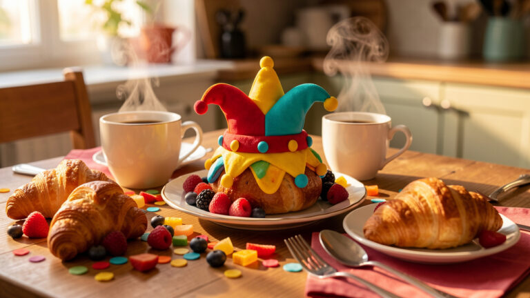 Table de petit-déjeuner chaleureuse avec une pâtisserie colorée et ludique au centre, accompagnée de fruits frais, de croissants dorés et d’un café fumant.